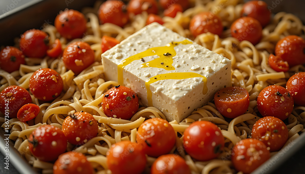 Fototapeta premium Delicious Creamy Vegan Feta Pasta with Roasted Cherry Tomatoes
