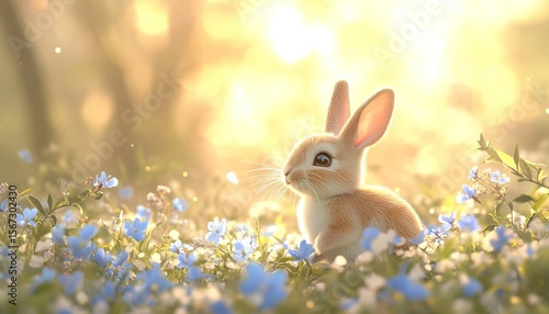 Easter bunny in the spring meadow with flowers, Easter background, Ai Generated.