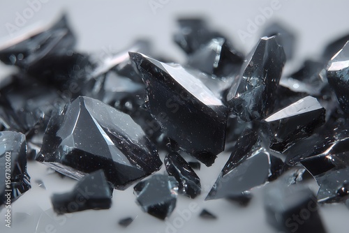 Close-up shot of black crystals on white surface revealing sharp angles, geometric shapes and shiny textures.