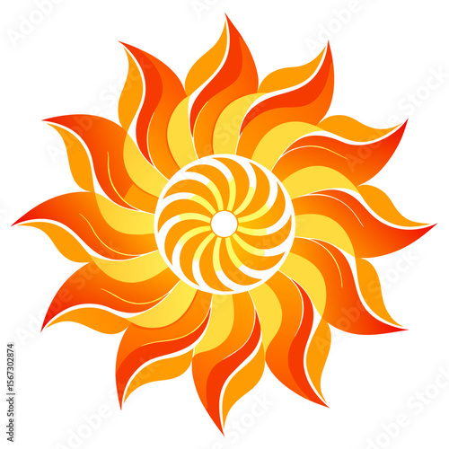 A vivid mandala with fiery swirls of orange and yellow, radiating warmth like a blooming sun.