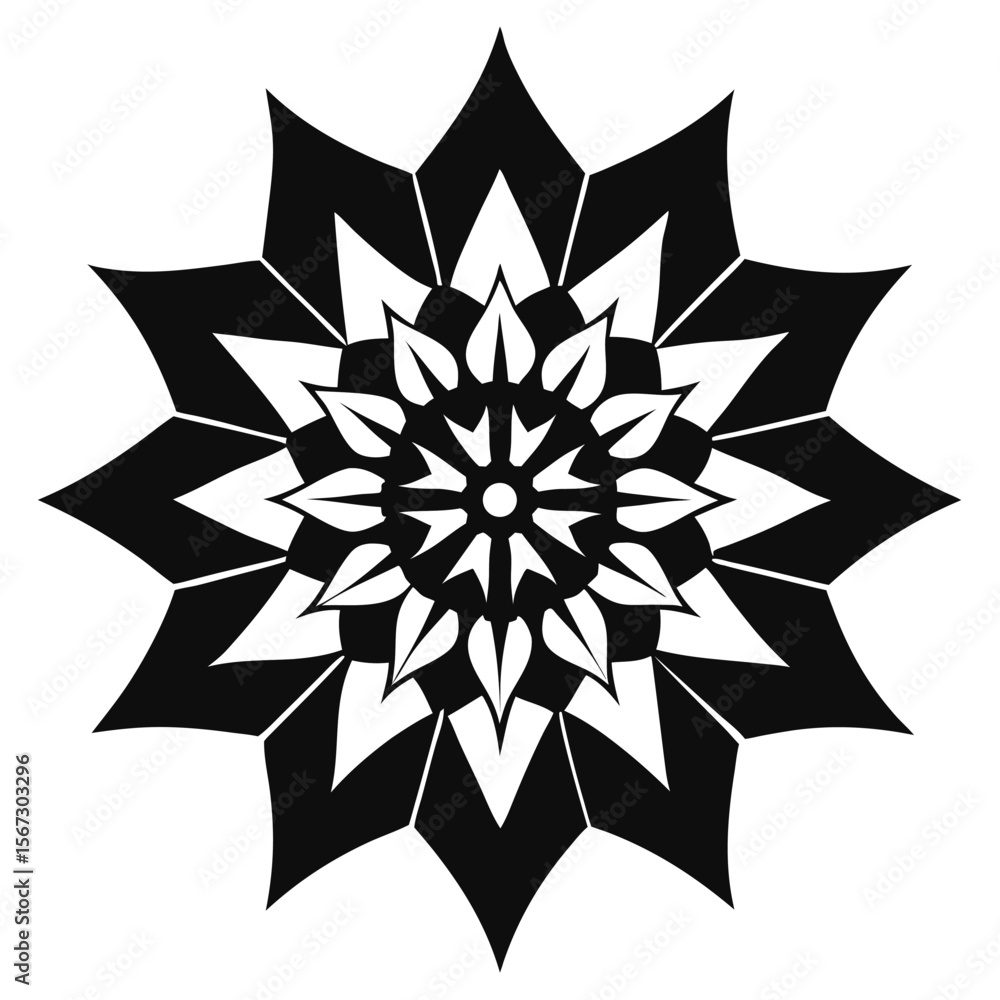 Obraz premium A complex monochromatic mandala with sharp floral tips, showcasing structured elegance and harmony.