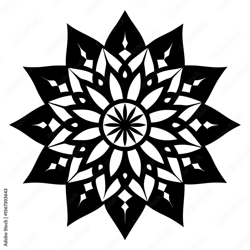 Obraz premium - A symmetric black and white mandala with dense floral and geometric elements, conveying traditional craftsmanship.