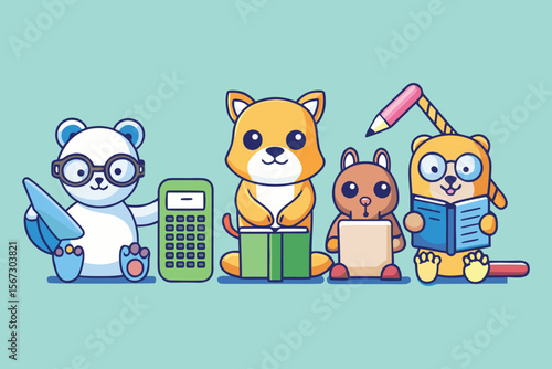 Cute Animal Students Studying with Books and School Supplies