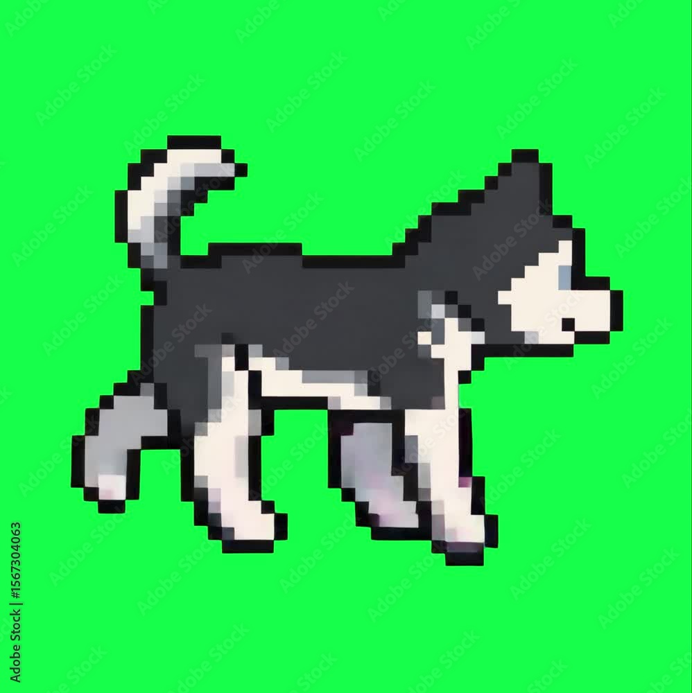 Pixelated husky animation, transparent 4K video, green screen Pixelated husky animation, transparent 4K video, green screen