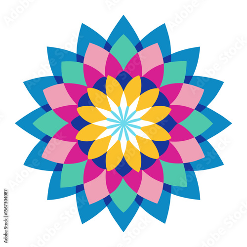 Radiant Starburst Mandala with Multi-Colored Kaleidoscope Pattern