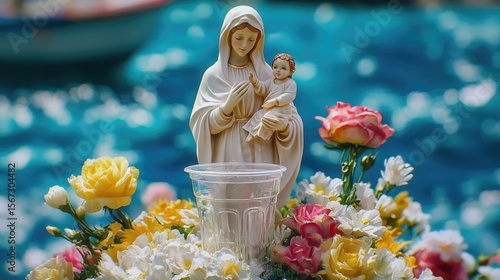 Virgin Mary Statue with Flowers and Water