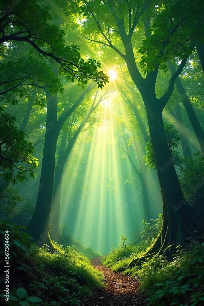 Obraz premium Sunbeams Dance Through Enchanted Forest Canopy A Magical, Ethereal Perspective Evoking Flight and Wonder