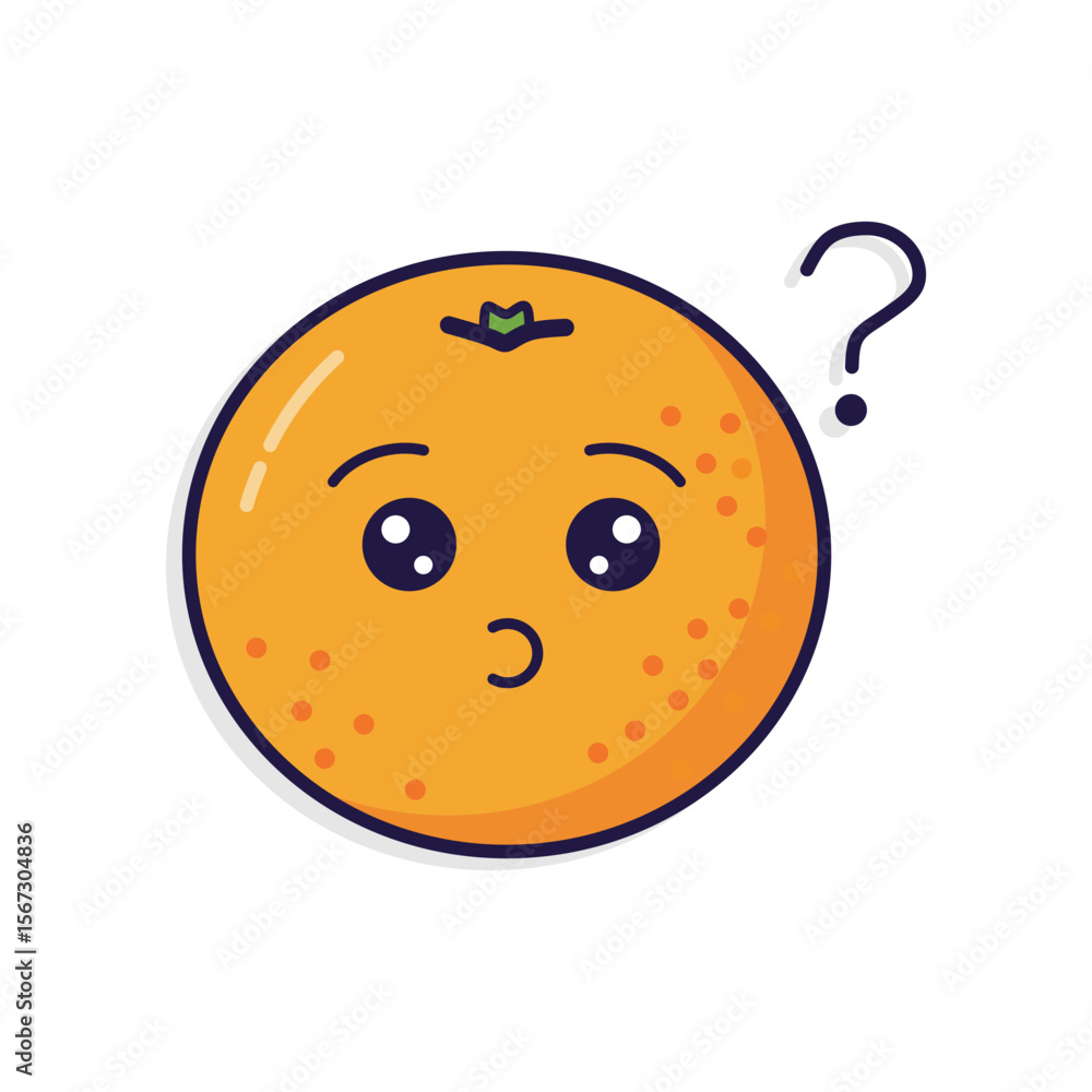 Fototapeta premium Cute cartoon orange fruit character with a confused expression and a question mark. Adorable, puzzling, and quirky food emoji illustration.