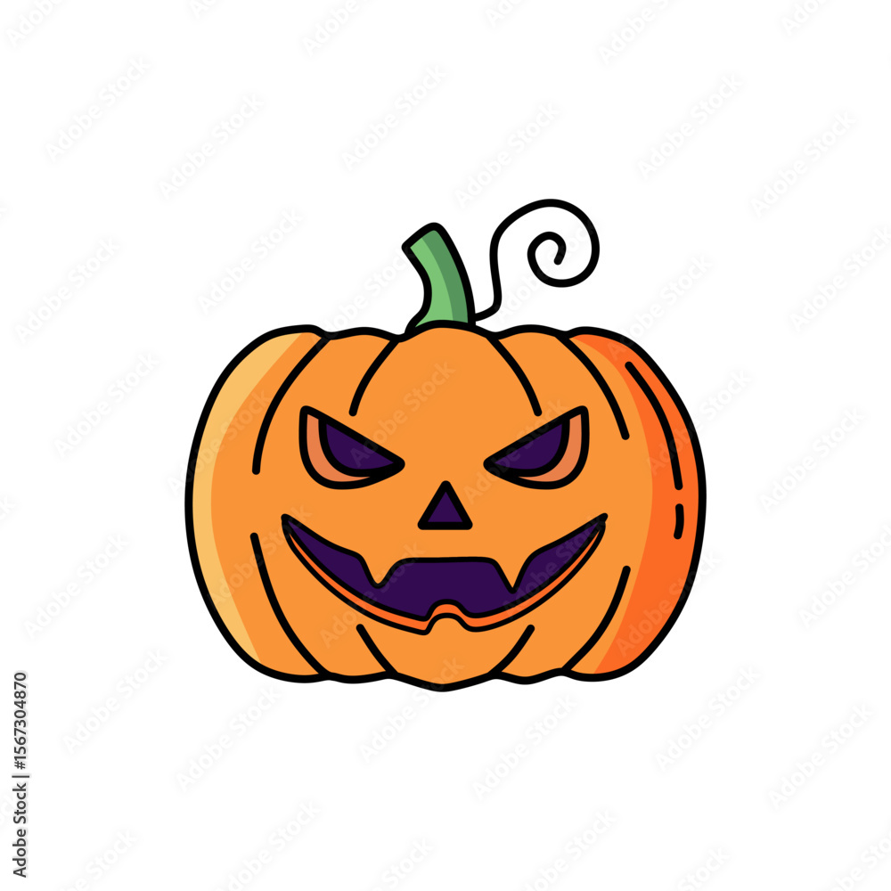 Fototapeta premium Spooky cartoon Jack-o'-lantern illustration with a scary carved face, perfect for Halloween themes. Vibrant orange pumpkin with a green stem.