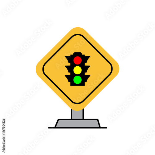 A yellow diamond-shaped traffic sign with a graphic of a traffic light showing red, yellow, and green lights. Ideal for driving or transportation