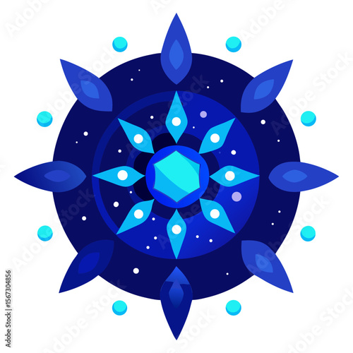 22. A glowing, cosmic mandala with blue crystalline patterns, surrounded by sparkling particles, floating in a dark, starry void.