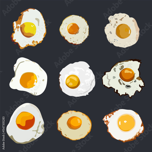 Set fried eggs on grey background, top view. realistic set isolated vector illustration