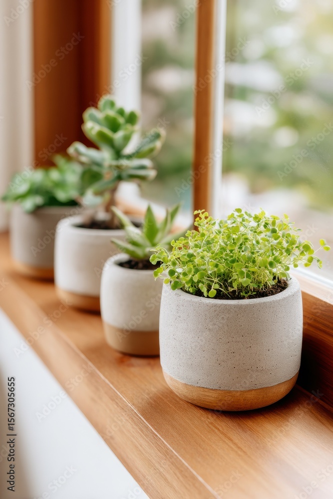 Fototapeta premium Succulent plants in ceramic pots on wooden windowsill with natural light creating calm and fresh indoor atmosphere perfect for home decoration and greenery lovers