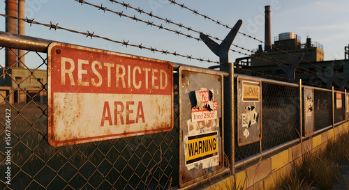Industrial Security View Of Restricted Area With Barbed Wire And Factory