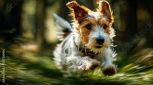 Jack Russel terrier running through dappled sunlight, embodying joyful energy in nature.
