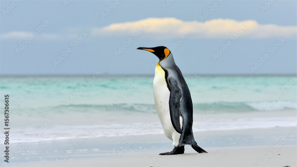 Obraz premium A close-up photograph of a king penguin standing on a white sandy beach.
