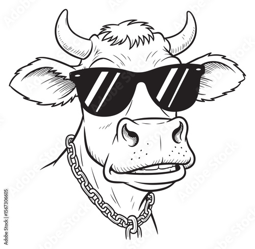 Cartoon Cow with Sunglasses and Gold Chain, Outlined and Black and White