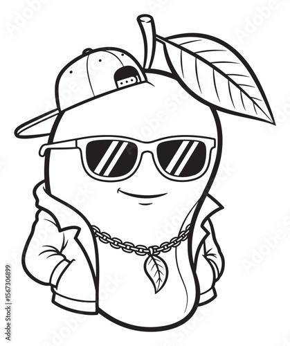 Illustration of a Cool Mango Cartoon Character in Black and White Outline