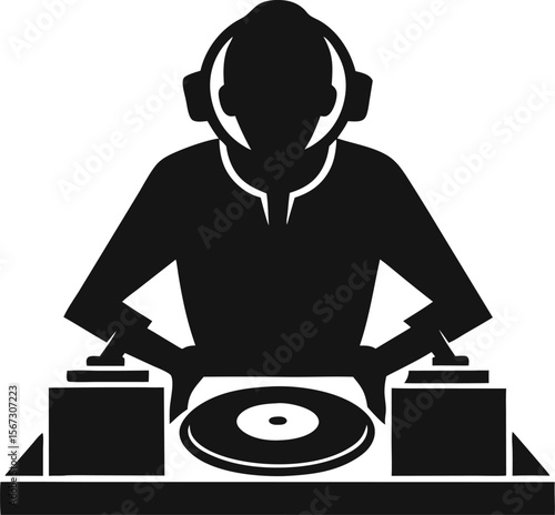 Silhouette of DJ at turntable, with white background.