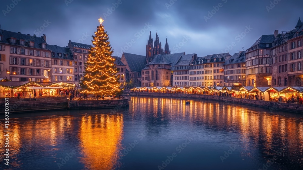 Naklejka premium Christmas Market in Strasbourg at Dusk