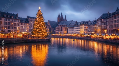 Christmas Market in Strasbourg at Dusk