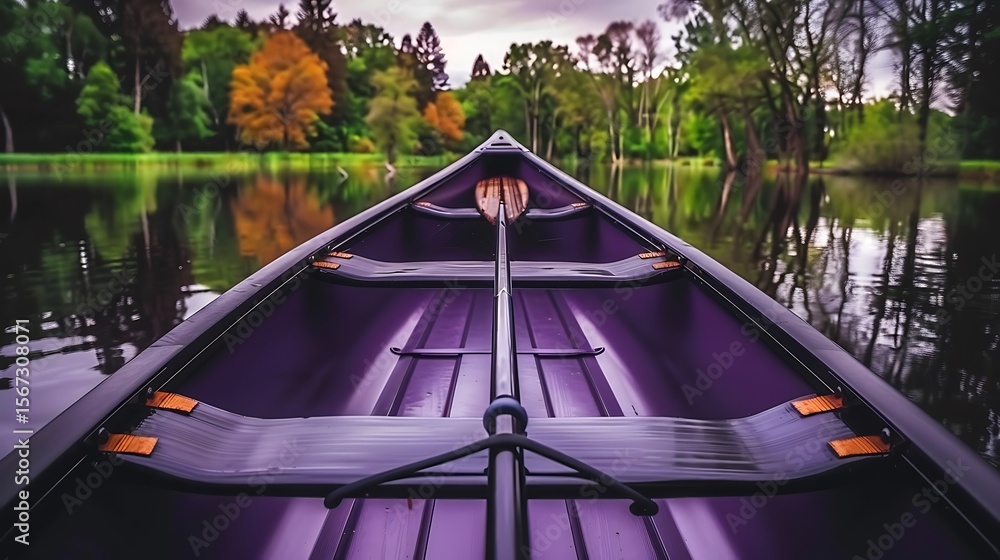 Fototapeta premium Reflections of Autumn Serenity: A Canoe Journey on Tranquil Waters Through Woodland