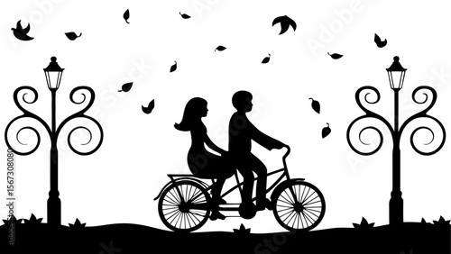 Silhouette of a couple riding a bicycle in a park with streetlights and falling leaves in black and white