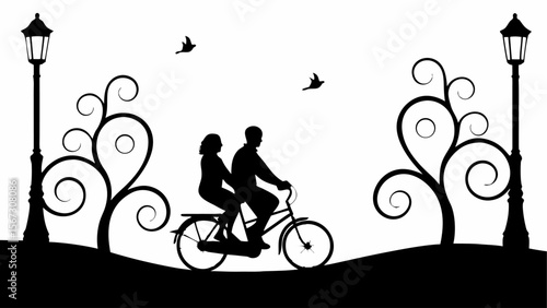 Silhouette of a couple riding a tandem bicycle between ornate trees and lampposts under flying birds