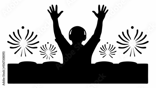 Silhouette of dj with hands up wearing headphones with fireworks in the background in black and white style