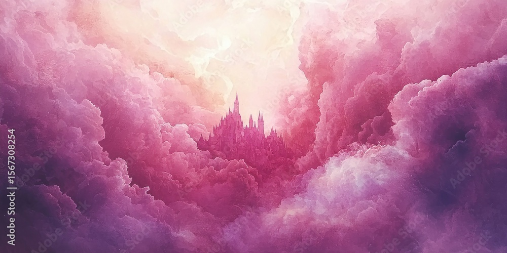 Fototapeta premium A dreamy watercolor painting of a floating castle surrounded by pink and purple ethereal clouds.