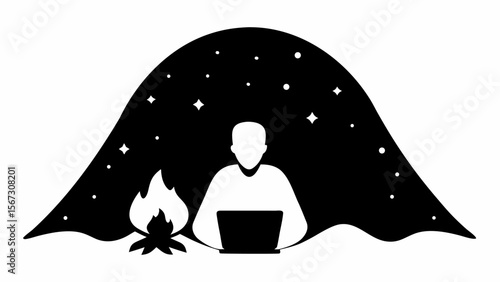 Silhouette of a person using a laptop near a campfire under a starry night sky with a tent like shape above them
