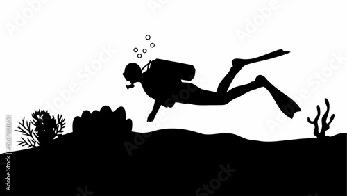 Silhouette of a scuba diver swimming underwater with coral and bubbles on a white background design art