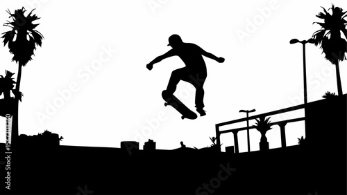 Silhouette of a skateboarder performing a trick with palm trees and streetlights in the background scene