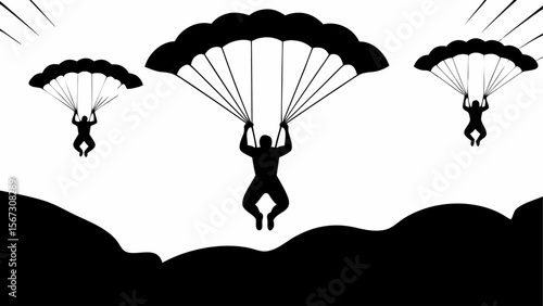 Three skydivers with parachutes descending over a dark landscape in a monochrome black and white scene silhouette