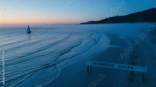 Serene seascape sailboat at dawn misty coastline calm waters