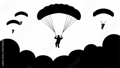 Silhouette illustration of skydivers with parachutes against a white background with dark clouds below