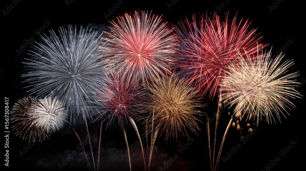 Multiple firework bursts in red, white, and gold symmetrically arranged on a clean black background. Multiple firework bursts in red, white, and gold symmetrically arranged on a clean black background.