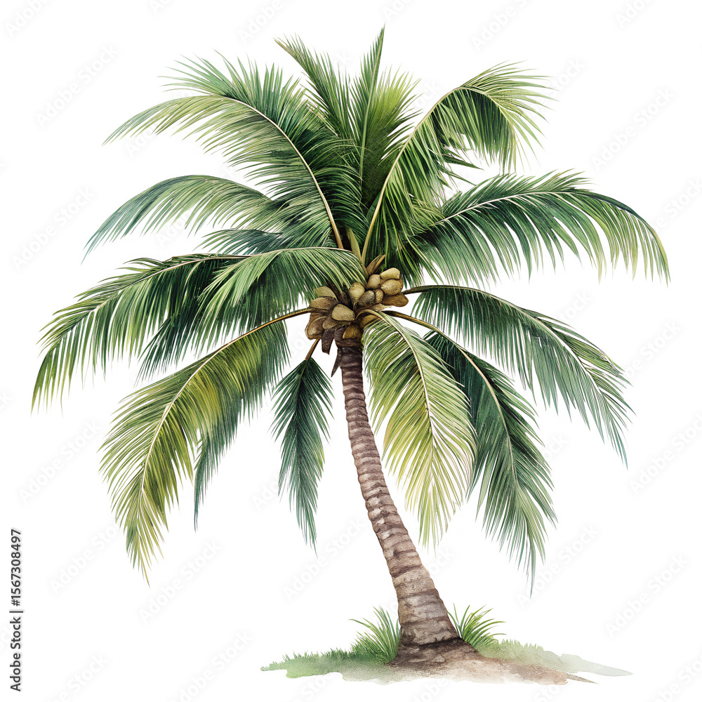 Fototapeta premium Watercolor Coconut Palm Tree with Coconuts Illustration on Transparent Background