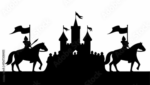 Silhouette of knights on horses with flags approaching a castle with a crowd of people in the foreground