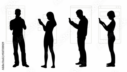 Silhouettes of people using smartphones with tablet outlines in the background in a white setting