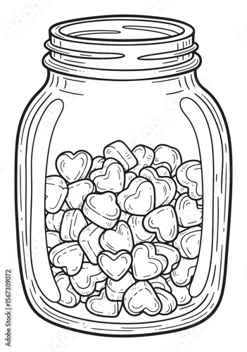 Detailed Line Art Illustration of a Jar Filled with Heart-Shaped Candies