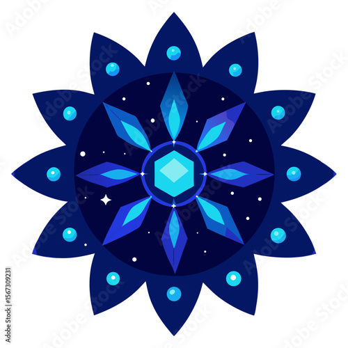 Cosmic Mandala of Crystalline Blue Patterns in a Starry Void