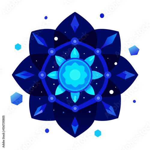 - A radiant cosmic mandala with crystalline blue structures, floating amidst a starlit universe.