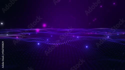 Glowing Digital Particle Landscape – Futuristic Purple and Blue Grid Background