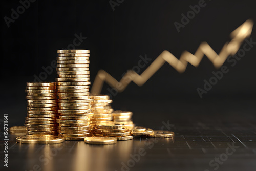 Modern minimalist gold coin stacks with rising graph concept, digital asset marketing, cryptocurrency alternatives, and investment growth visualization © Daniel