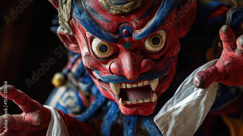 Close-up of a Red and Blue Mask with Ferocious Expression