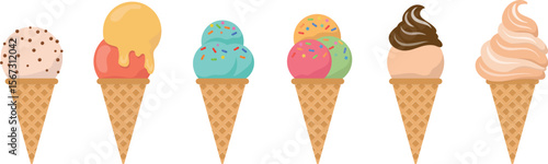 Flat Vector Illustration of Vanilla Ice Cream Cone with Chocolate Chips for Dessert Menu and Summer Template