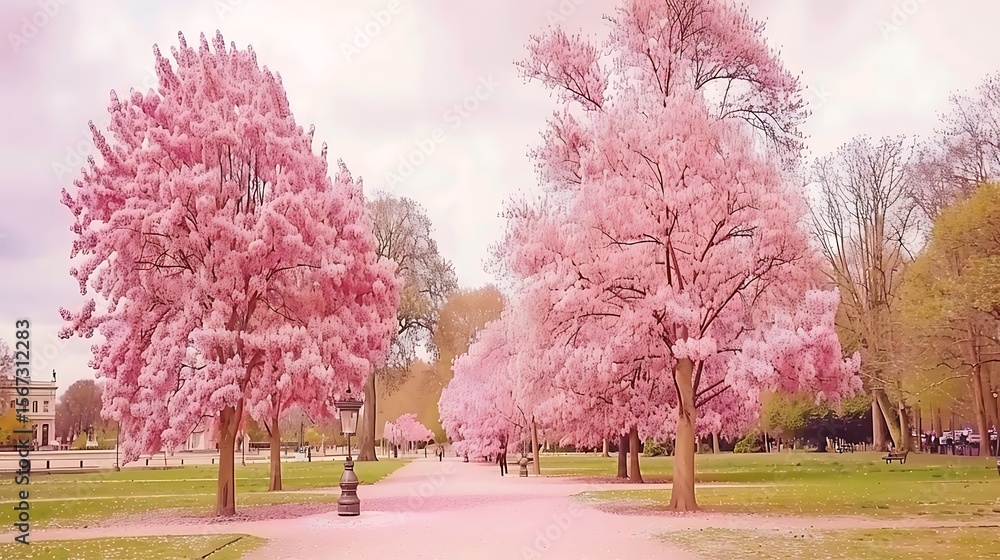 Naklejka premium Serene promenade adorned with blooming cherry trees and a gentle pathway bathed in soft light