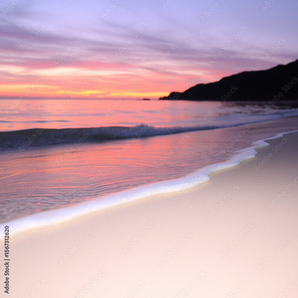Fototapeta premium Beautiful Sunset over a Calm Beach with Gentle Waves and a Distant Mountain Silhouette