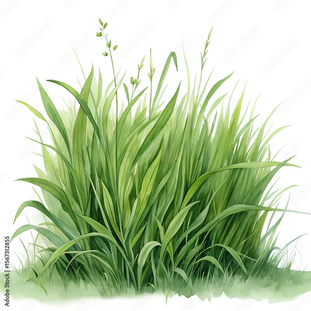 Obraz premium Lush Green Grass Blades Watercolor Illustration on transparent background